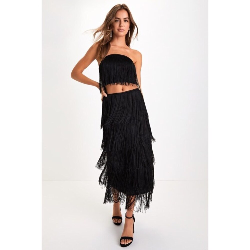Lulus Remarkable Aura Black Fringe Strapless Two-piece Midi Dress - Size XL